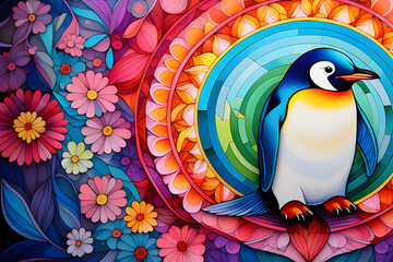 Wall Mural - colored paper for adults decorated with mandala penguin images - a beautiful coloring experience wit