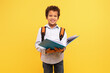 © Prostock-studio - Schoolboy reading book with backpack on yellow background