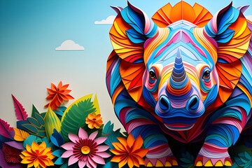 Wall Mural - Adult confetti decorated with images of mandala rhinos - a wonderful coloring experience that symbolizes strength and stability generative ai