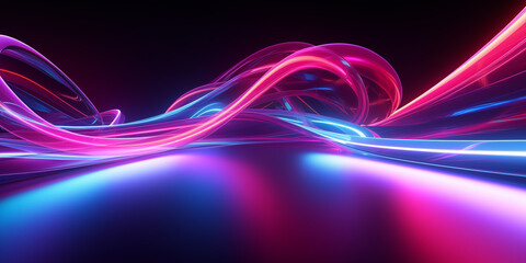 Abstract background of neon lines flowing motion with fluorescent lines glowing in the dark panoramic wallpaper Digital data transfer Energy concept generative ai