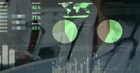 Poster - Animation of financial data processing over caucasian female doctor