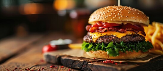 Aufkleber - triple giant hamburger with cheddar cheese. with copy space image. Place for adding text or design