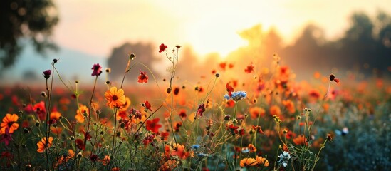 Aufkleber - sunrise in the field landscape with Magic pink Cosmos flowers in blooming with sunset background fossilized field of colorful flowers sunrise mist. with copy space image