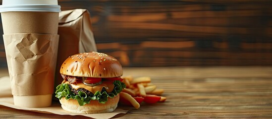 Aufkleber - Takeaway paper coffee cup with lunch bag and burger box on beige Snack delivery service Coffee to go Grab and go or carry out beverage Disposable mockup packaging Place for text Minimal