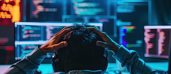 Shocked young programmer keeping his hands on head while looking at data on computer screen. with copy space image. Place for adding text or design