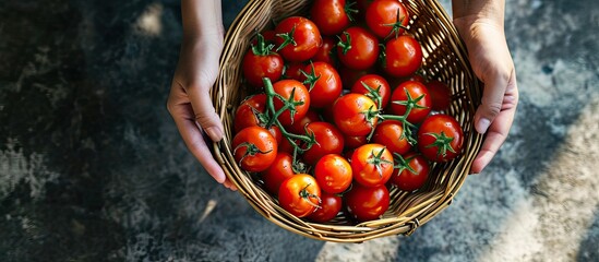 Aufkleber - Top view on woman s hands holding basket full of fresh organic tomatoes on concrete background Vegetable harvest Gardening concept. with copy space image. Place for adding text or design