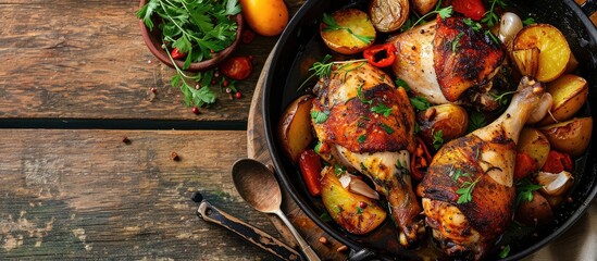 Aufkleber - Roasted chicken leg with potatoes cumin and garlic. with copy space image. Place for adding text or design