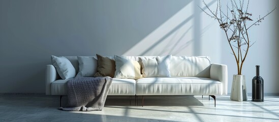Poster - Pillow and blanket on elegant sofa in spacious living room with copy space wall. with copy space image. Place for adding text or design