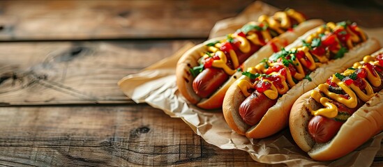 Poster - Two hot dogs with ketchup and mustard on parchment paper. with copy space image. Place for adding text or design