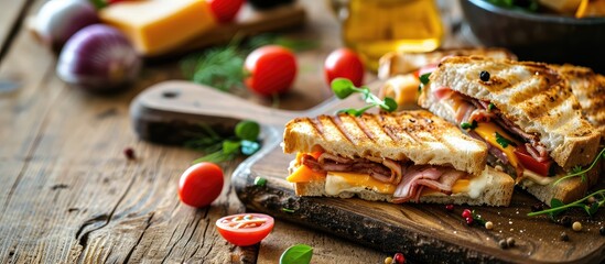 Poster - Sliced Grilled sandwiches bread with bacon ham and cheese with vegetable healthy breakfast. with copy space image. Place for adding text or design