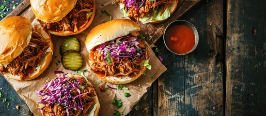 Poster - Pulled pork sandwiches with BBQ sauce cabbage and pickles overhead shot. with copy space image. Place for adding text or design