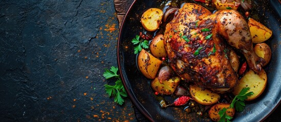 Aufkleber - Roasted chicken leg with potatoes cumin and garlic. with copy space image. Place for adding text or design