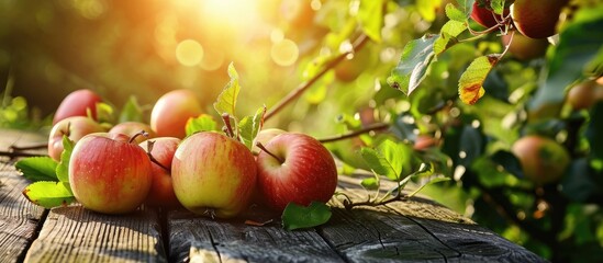 Poster - Organic apples in basket in summer grass Fresh apples in nature. with copy space image. Place for adding text or design