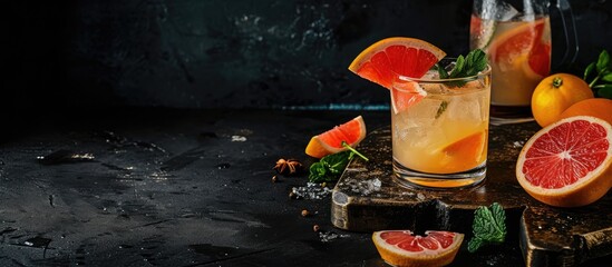 Poster - Refreshing Boozy Mezcal Spicy Paloma Cocktail with Grapefruit. with copy space image. Place for adding text or design