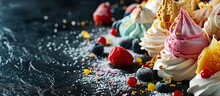 Sponge Cake Alaska Ice Cream And Meringues. With Copy Space Image. Place For Adding Text Or Design