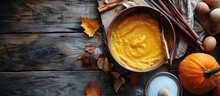 Pumpkin Pancakes Batter In A Glass Mixing Bowl. With Copy Space Image. Place For Adding Text Or Design