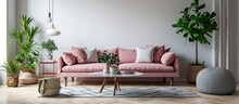 Stylish Interior Of Living Room With Design Pink Sofa Elegant Pouf Coffee Table Plants Pillows Decoration Elegant Personal Accessories And Mock Up Poster Frames In Modern Home Decor