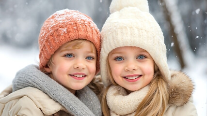 Kids Winter Snow Caps Smiling