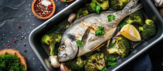 Aufkleber - Salmon Baked roasted fish steaks slices Grilled salmon trout fillet fish in marinade with broccoli in baking dish Diet meal dinner Top view. with copy space image. Place for adding text or design