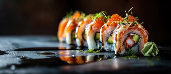 Aufkleber - Philadelphia roll sushi with salmon prawn avocado cream cheese Sushi menu. with copy space image. Place for adding text or design