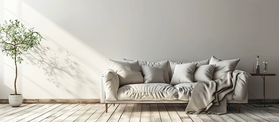 Poster - Pillow and blanket on elegant sofa in spacious living room with copy space wall. with copy space image. Place for adding text or design