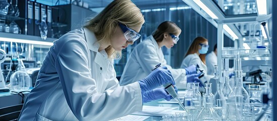 scientists in laboratory young female researcher and her senior supervisor are doing investigations 