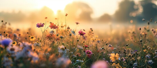 Wall Mural - sunrise in the field landscape with Magic pink Cosmos flowers in blooming with sunset background fossilized field of colorful flowers sunrise mist. with copy space image