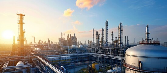 Oil and gas refinery plant and storage tank form industry zone with blu sky background Oil and gas Industrial petrochemical fuel power and energy Ecosystem and ecology environment