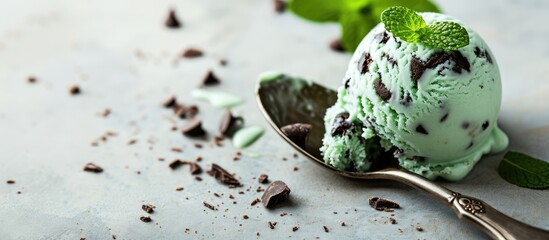 Aufkleber - Organic Green Mint Chocolate Chip Ice Cream with a Spoon. with copy space image. Place for adding text or design
