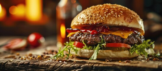 Leinwandbilder - Savor the ultimate burger where flavors unite to create a masterpiece of juicy beef artisanal ingredients and expert craftsmanship. with copy space image. Place for adding text or design