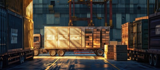 Wall Mural - Packaging Boxes Stacked on Pallets Load with Shipping Cargo Container Delivery Trucks Loading at Dock Warehouse Supply Chain Shipment Boxes Distribution Warehouse Freight Truck Transport Logist