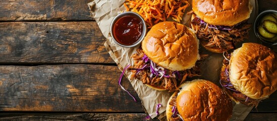 Poster - Pulled pork sandwiches with BBQ sauce cabbage and pickles overhead shot. with copy space image. Place for adding text or design