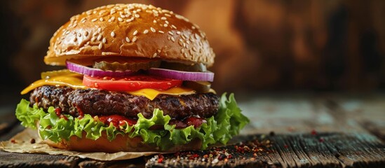 Leinwandbilder - Savor the ultimate burger where flavors unite to create a masterpiece of juicy beef artisanal ingredients and expert craftsmanship. with copy space image. Place for adding text or design