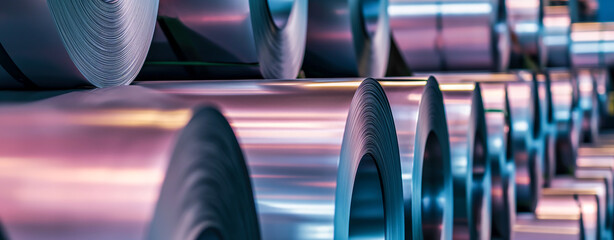 Rolls of galvanized sheet steel in the factory. Large rolls of metal coils in the warehouse.	