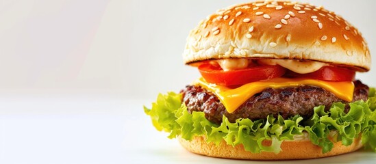 Leinwandbilder - Savor the ultimate burger where flavors unite to create a masterpiece of juicy beef artisanal ingredients and expert craftsmanship. with copy space image. Place for adding text or design
