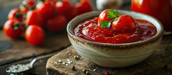 Aufkleber - Tomato ketchup sauce in a bowl with spices herbs and cherry tomatoes Selective focus. with copy space image. Place for adding text or design