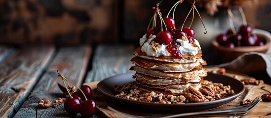 Aufkleber - Pancake tower with yogurt nuts and cherry jam Healthy and wholesome food Serving food in a restaurant Photo for the menu. with copy space image. Place for adding text or design