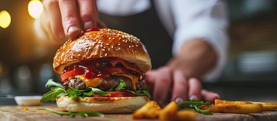 professional kitchen in a hotel restaurant the chef smears sauce on the buns for the burger. with copy space image. Place for adding text or design