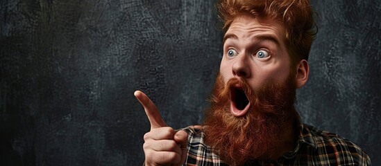 red hair bearded man feeling shocked and surprised pointing and looking upwards in awe with amazed open mouthed look. with copy space image. Place for adding text or design