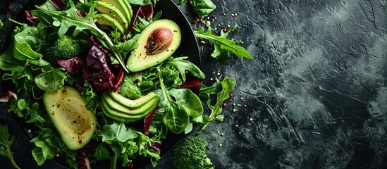 Poster - salad mix with avocado and cucumber with balsamic dressing. with copy space image. Place for adding text or design