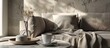 © vxnaghiyev - Tray with cup of coffee and soft chunky knit blanket on sofa indoors. with copy space image. Place for adding text or design