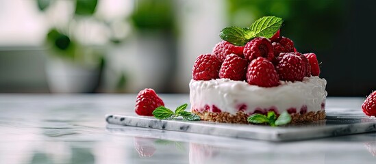 Leinwandbilder - Raspberry ice cream dessert on marble backdrop. with copy space image. Place for adding text or design