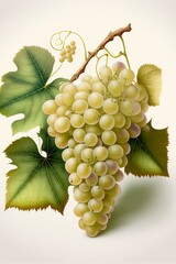 Wall Mural - Bunch of white grapes with green leaves on a white background.