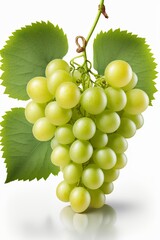 Wall Mural - bunch of green grapes with leaves isolated on a white background.