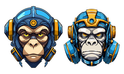 Wall Mural - set of cartoon mascots of monkey heads wearing robot helmets