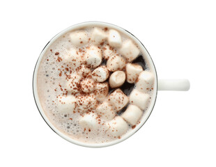 Sticker - Cup of aromatic hot chocolate with marshmallows and cocoa powder isolated on white, top view