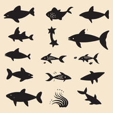 Sea Animals Set Black Silhouette Vector Clip Art 