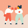 Two cartoon women boxing, one in red pants, other in green. Female boxers training together. Women empowerment and fitness vector illustration.