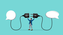 Man Connect Plug With Bubble Chat To Bubble Chat Concept Vector Illustration With Flat Style Design, Social Dialogue, Discussion Connection Idea, Speech Bubble Chat Goal Discuss, Communication Talk