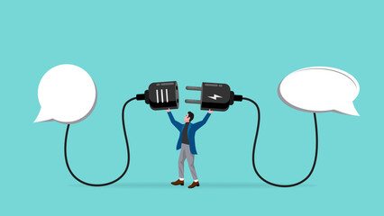 man connect plug with bubble chat to bubble chat concept vector illustration with flat style design, social dialogue, discussion connection idea, speech bubble chat goal discuss, communication talk